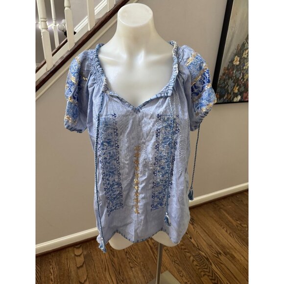 ROSE AND ROSE Blue Cotton Sequin Embroidered Tassel Top Blouse Size Large - Picture 1 of 4